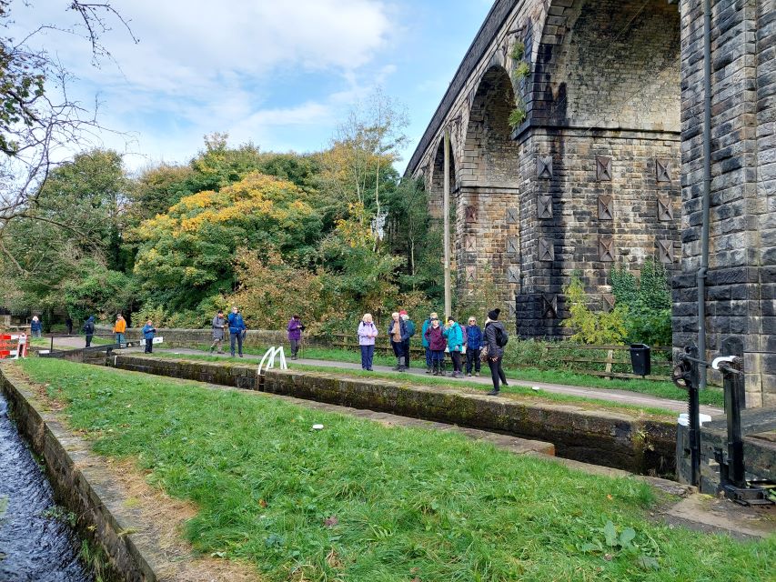 Crewe & Nantwich ramblers walkers by the Saddleworth Viaduct and Huddersfield Narrow Canal